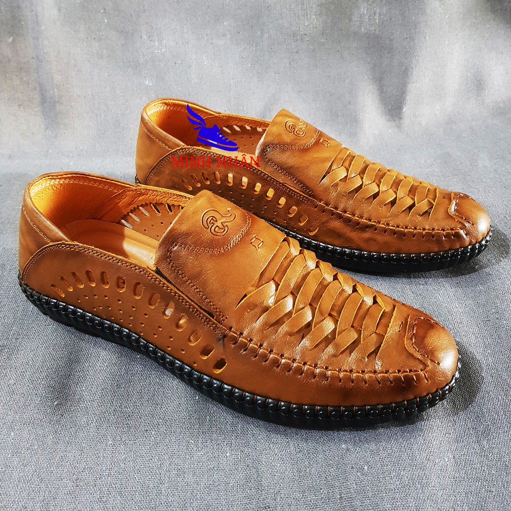 Giày lười mọi nam Slipon da bò cao cấp thời trang hàng hiệu giá rẻ đục lỗ đẹp thoáng khí mùa hè H-3 màu vàng