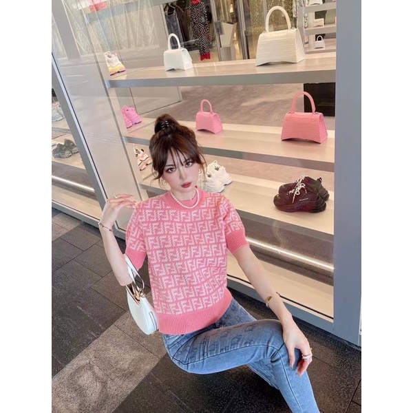 Áo len nữ tay ngắn họa tiết chữ thương hiệu Fendi FD cao cấp