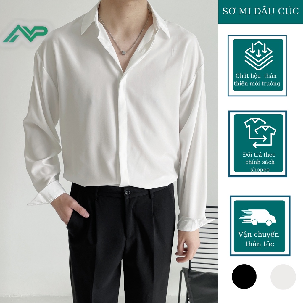 Áo sơ mi Nam dài tay NPV vải lụa dấu khuy form rộng unisex phong cách công sở Hàn Quốc | BigBuy360 - bigbuy360.vn