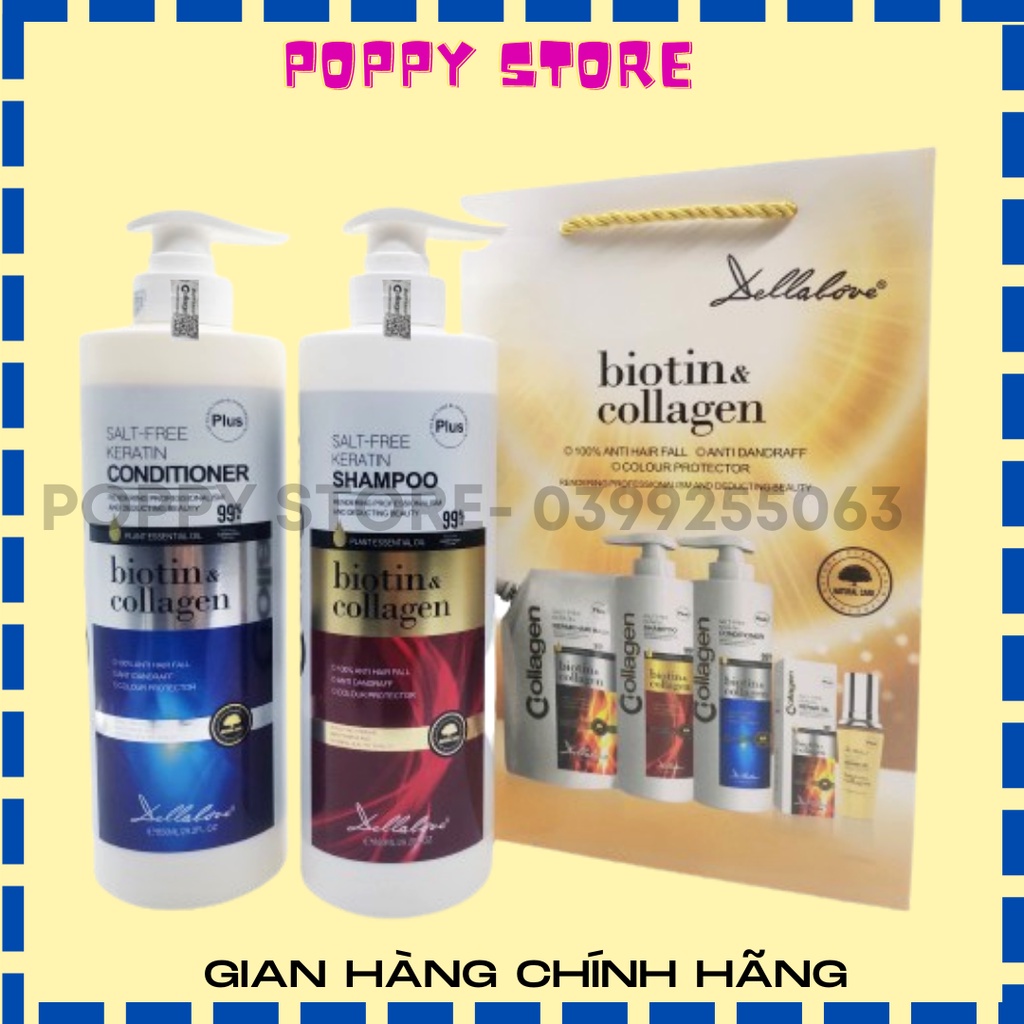 Cặp Dầu Gôi Biotin Collagen Dellalove 850Ml, Dầu gội Biotin Collagen Plus