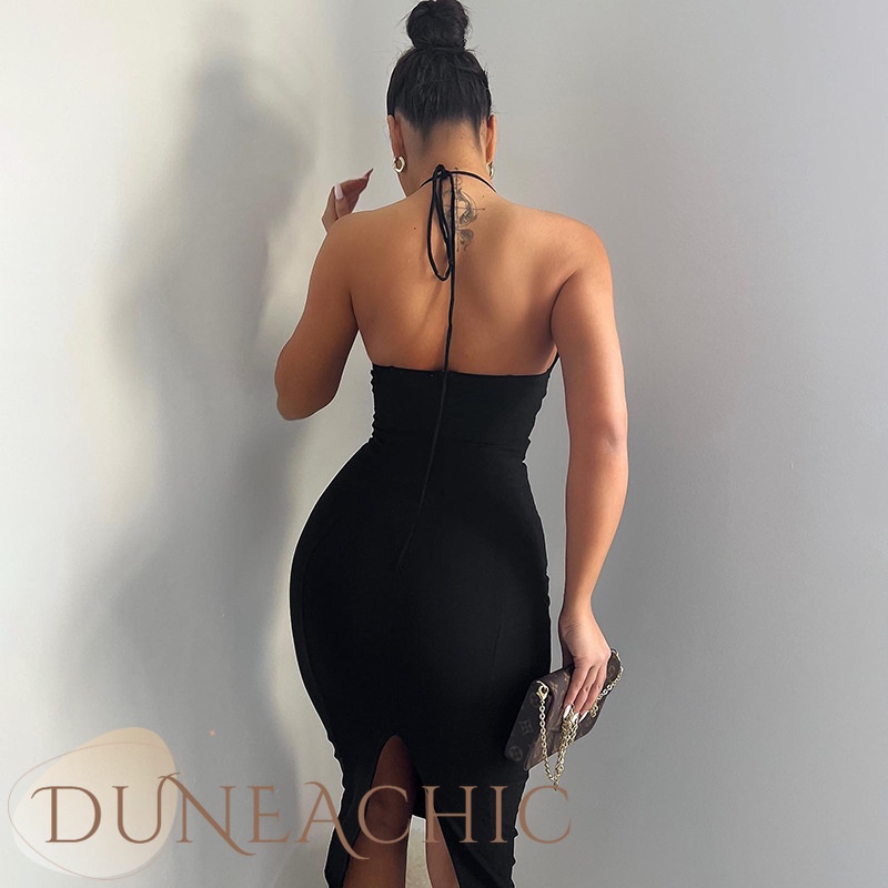 DUNEA Đầm màu sắc trơn cổ chữ V hở lưng gợi cảm dành cho nữ
