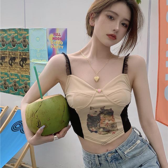 Áo Hai Dây Phối Ren In Hình Mèo Quyến Rũ Thời Trang Mùa Hè Cho Nữ