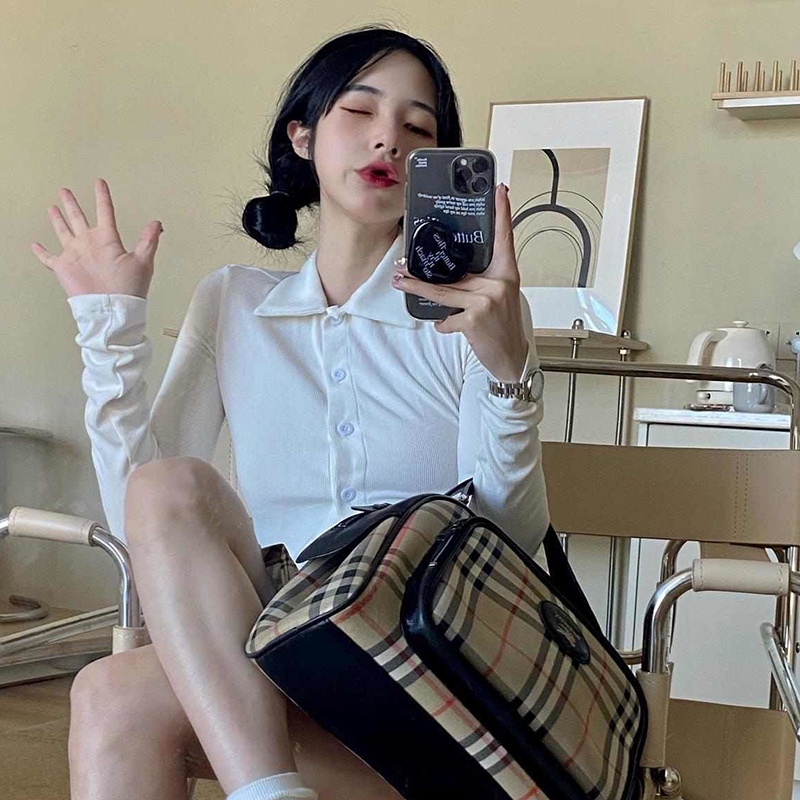 Áo cardigan IELGY cổ polo màu trơn dáng ôm/Chân váy phong cách retro thời trang