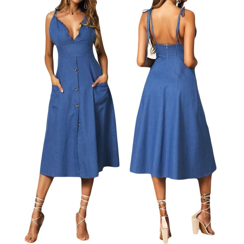 Xiangbao Đầm Midi Phối Bèo Nhún Cổ Chữ V Có Túi Phối Nút Thời Trang Đi Biển Mùa Hè Cho Nữ