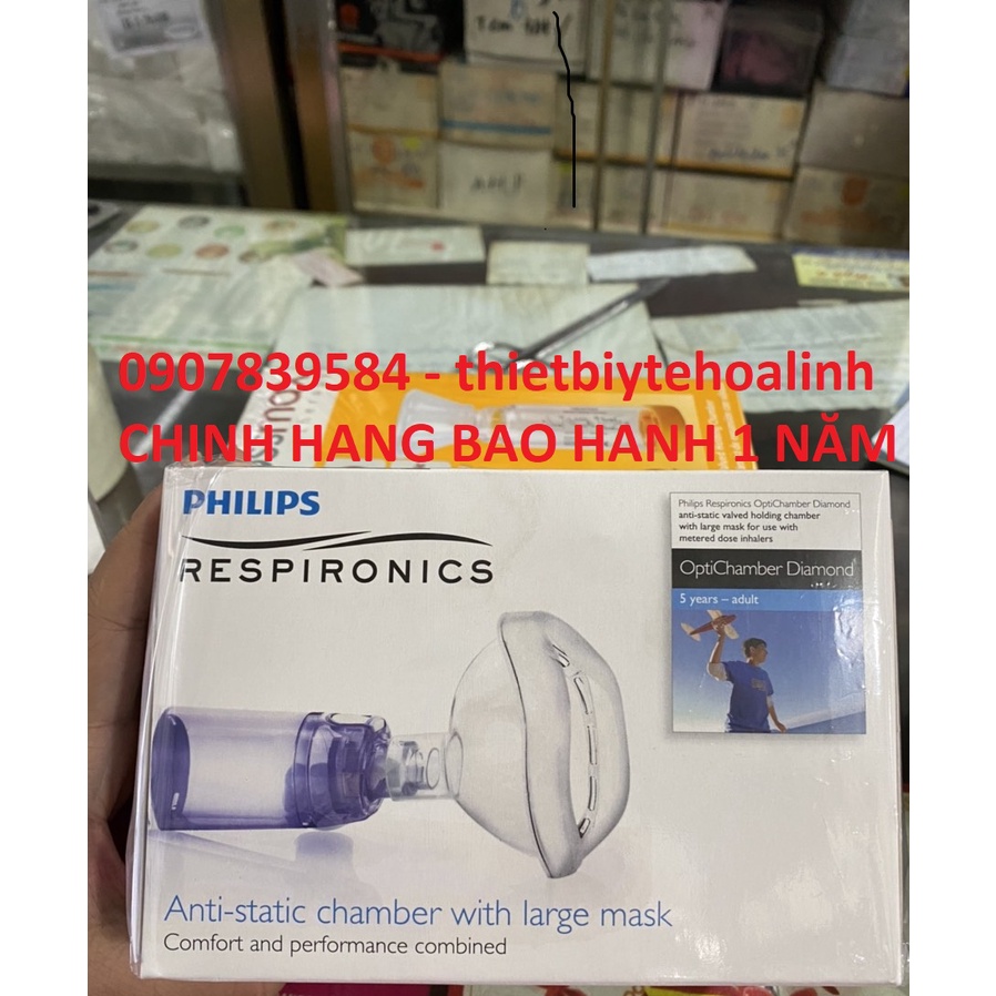 Buồng đệm (buồng hít hen suyễn) có mặt nạ Philips Respironics Diamond.