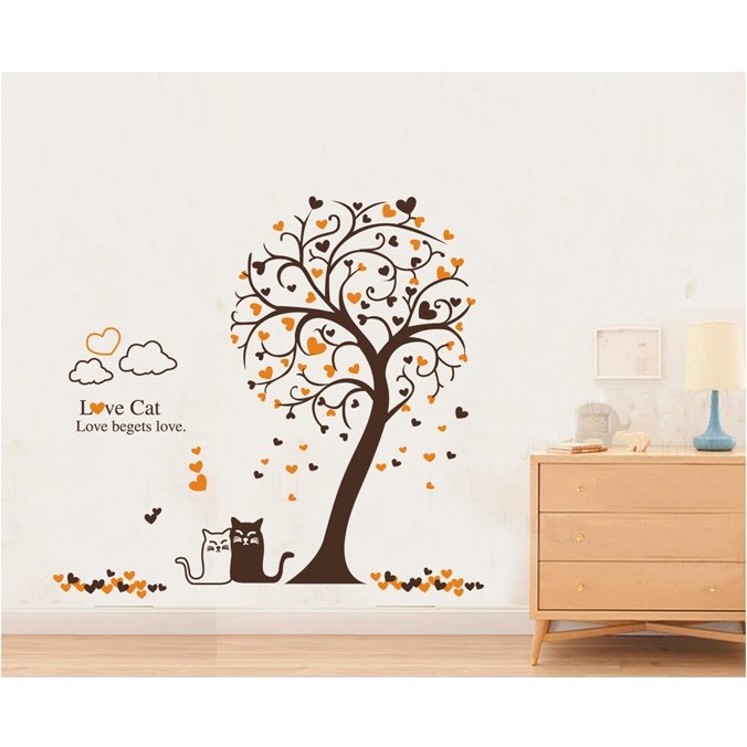Decal trang triis tường Cây trái tim LOVE CAT