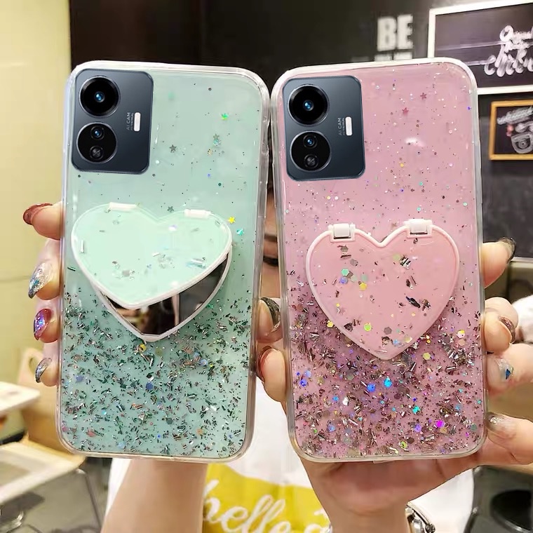 Ốp Điện Thoại TPU Mềm Trong Suốt Lấp Lánh Gắn Kèm Gương Trang Điểm Hình Trái Tim 2022 Dành Cho VIVO Y02S Y77 Y75 Y55 Y30 T1 Pro