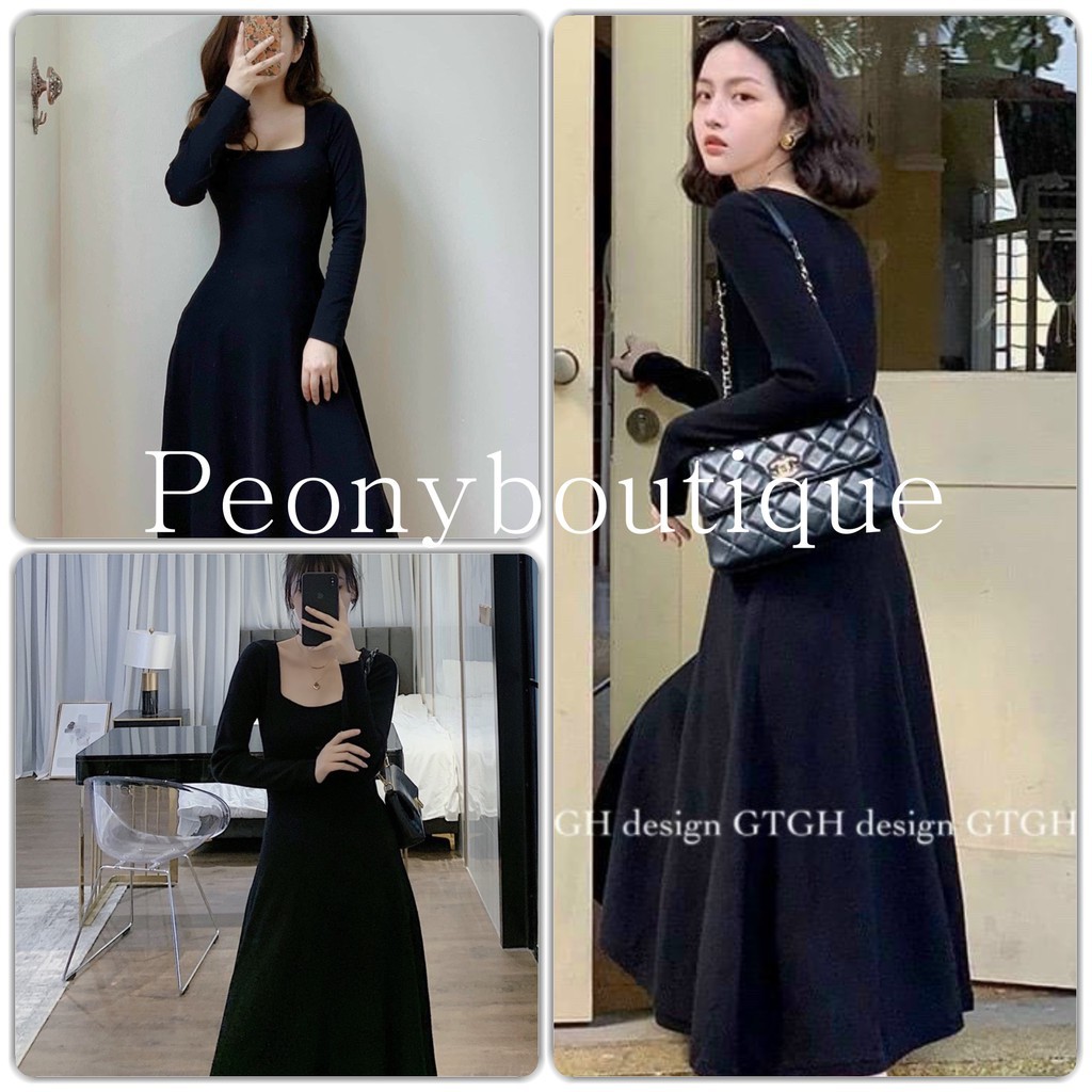 Váy Len Zip Hàn Cổ Vuông Nữ [FREESHIP] 🌸 Đầm midi body dáng xòe cổ U màu ĐEN | Nâu Ulzzang HOT 🌸 | BigBuy360 - bigbuy360.vn