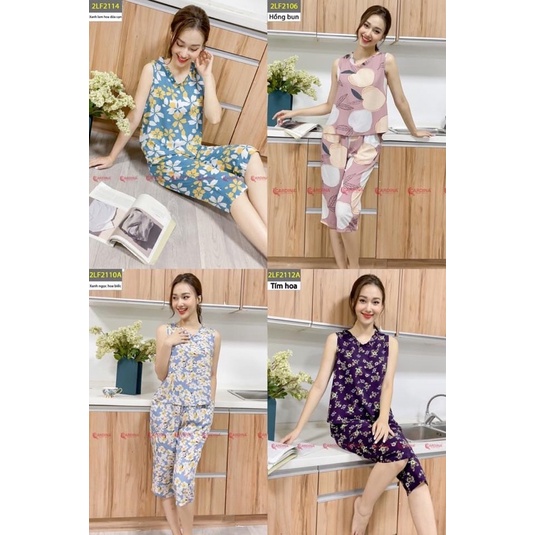 Đồ bộ nữ CARDINA chất lanh tre Nhật cao cấp quần lửng áo sát nách cổ tròn họa tiết tinh tế