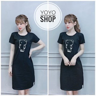 Đầm phông dáng suông thun thái cho nữ cổ tròn xẻ tà tay ngắn form dưới 60kg in hình màu đen