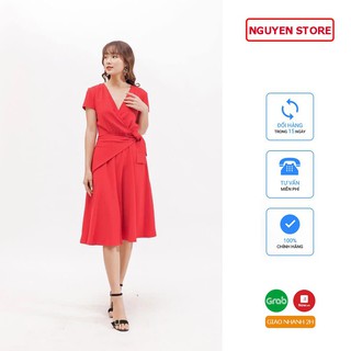 Váy Đầm Dự Tiệc Nữ Cổ Đắp Chéo Màu Đỏ Tay Ngắn Tùng Xòe Thắt Nơ Eo Trang Trí.