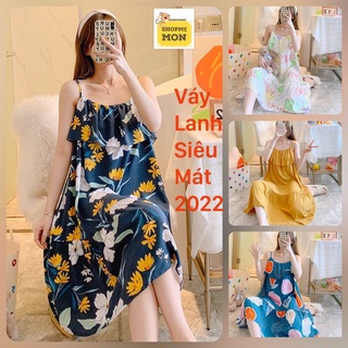 Váy 2 dây mặc nhà, đầm lanh lụa nhẹ mát, váy lanh bầu mùa hè freesize 45-68kg