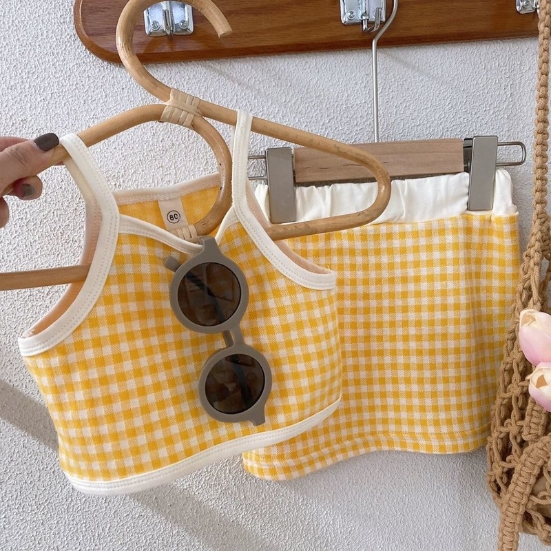 Set Áo Thun Ngắn Tay Cổ Tròn + Đầm Yếm Caro Thời Trang Hàn Cho Bé Gái