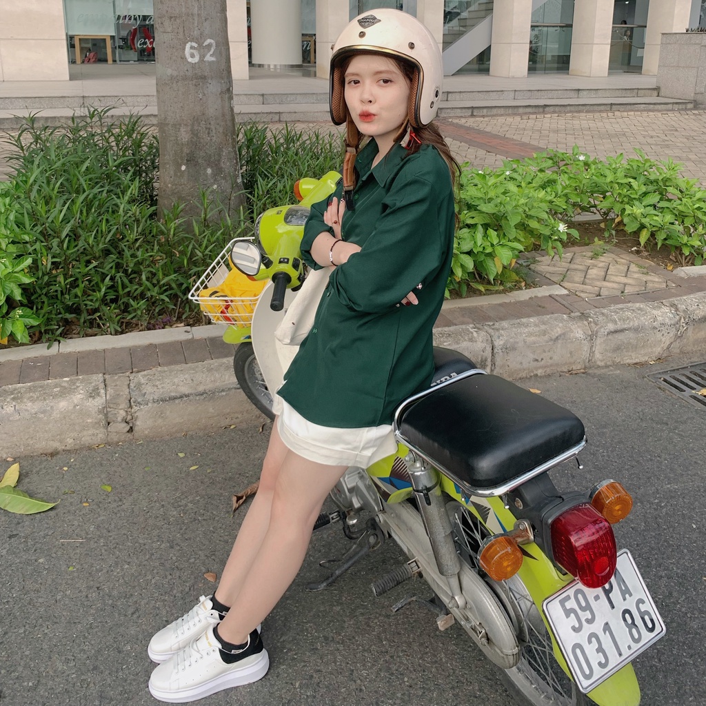 Áo Sơ Mi Tay Dài Xanh Lá Form Rộng Nam Nữ Unisex