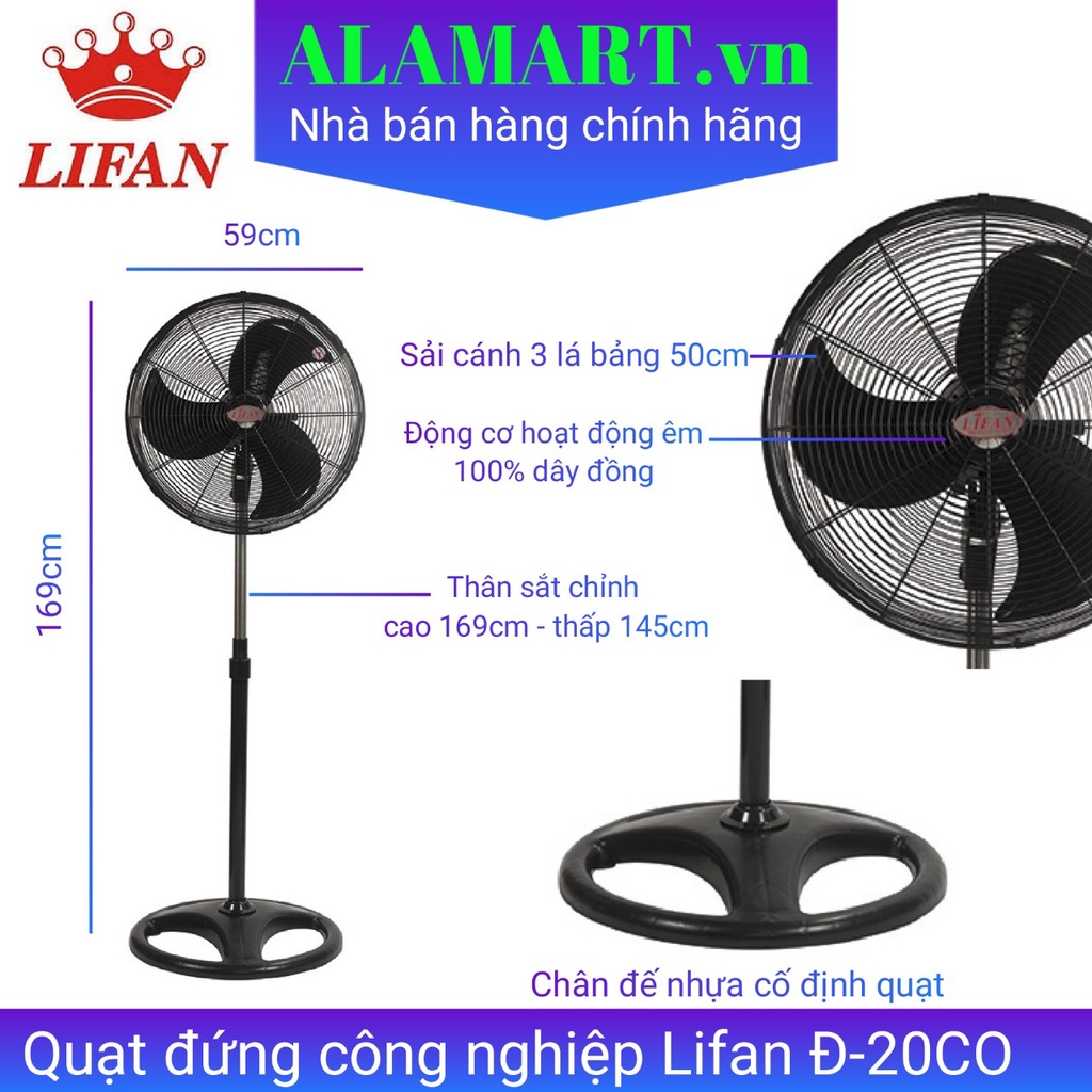 quạt đứng công nghiệp Lifan Đ20CO công suất 100W, nhà xưởng quán cafe, phòng khách