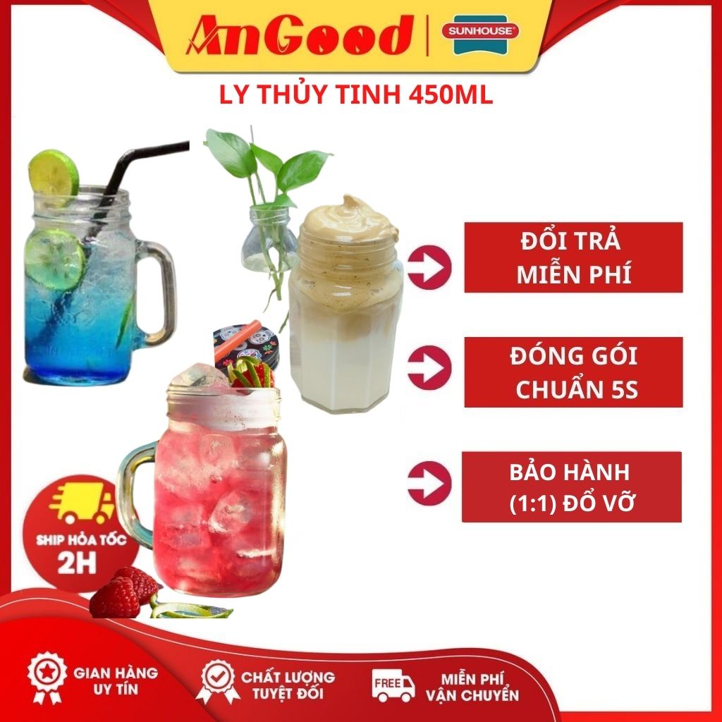 Ly thủy tinh có quai cầm ANPER, dung tích 250 có nắp đậy uống sinh tố cà phê thuận tiện