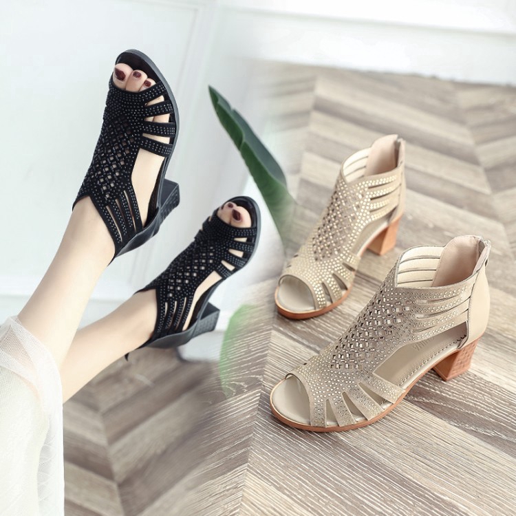 Giày cao gót sandal nữ đế dày đính pha lê thời trang mùa hè