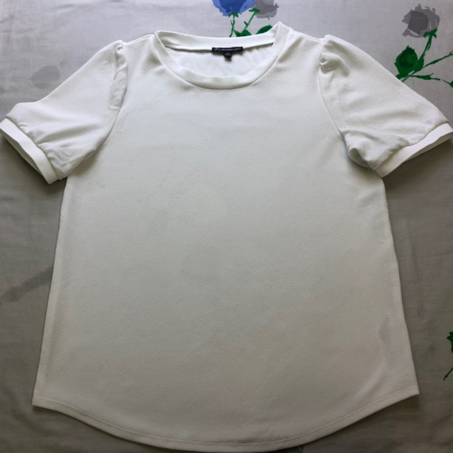 Áo Thun Kiểu Nữ Adrianna Papell Trắng Xốp Cổ Tròn Tay Bồng Có Bo - Size M