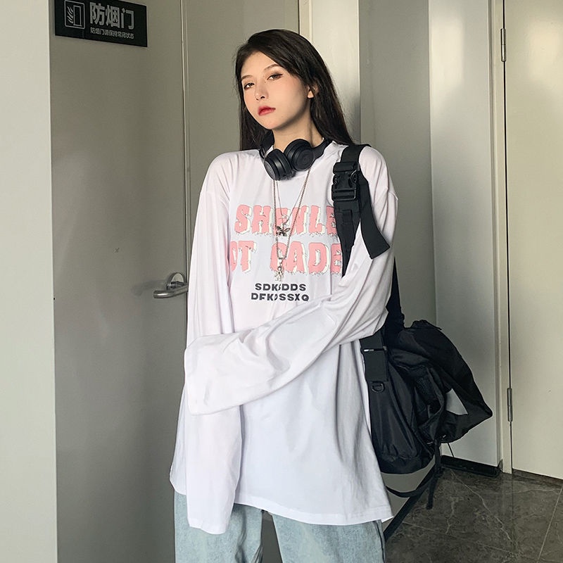 NRVP Áo Thun 100% Cotton Tay Dài Dáng Rộng In Họa Tiết Phong Cách Hàn Quốc Cho Nữ