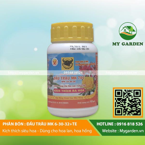 Phân bón lá Đầu Trâu MK 701 NPK 10-30-20, kích thích ra hoa, dạng bột, lọ 100gr, cho cây trồng - Hàng chính hãng