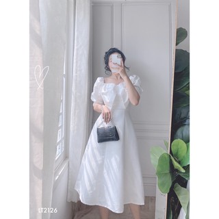 Đầm midi dáng xòe nơ ngực tay phồng