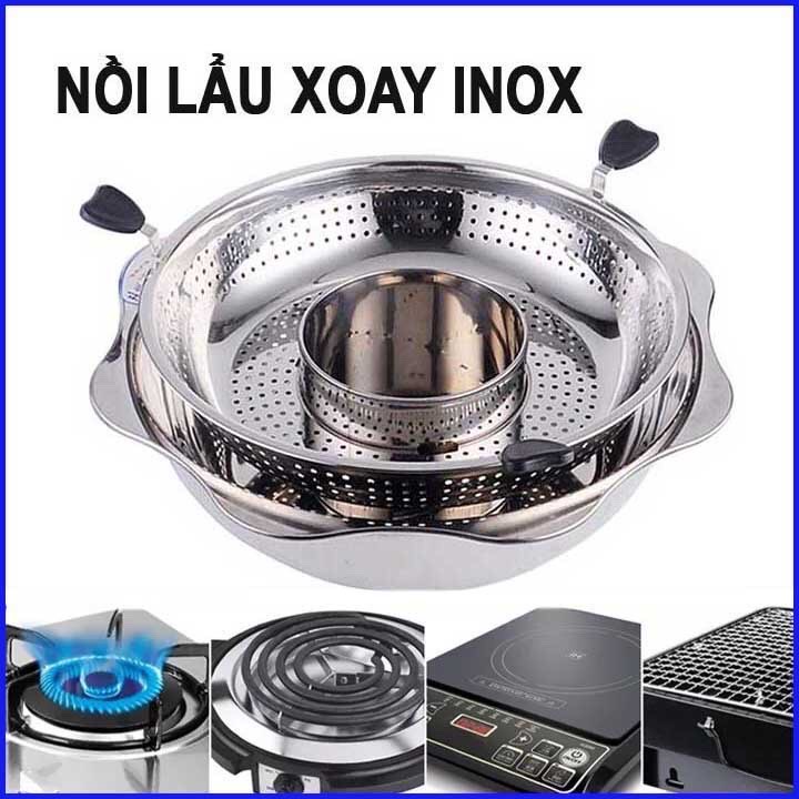 Nồi lẩu xoay inox 2 tầng thông minh, Nồi lẩu Hàn Quốc dùng được bếp từ, bếp ga.bếp điện