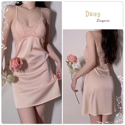 Váy Ngủ Sexy Gợi Cảm Đầm Ngủ Lụa 2 Dây Phối Ren Mềm Mại Có Mút Ngực  - Mã VN032