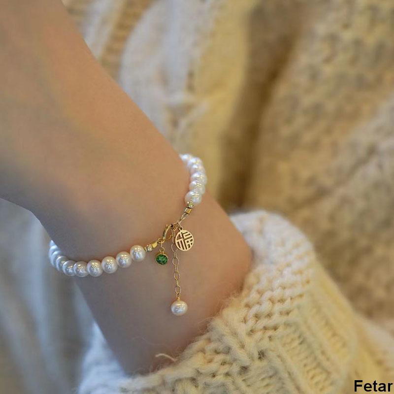 Vòng tay may mắn đính hạt ngọc trai phong cách Trung Hoa cổ điển cho nữ