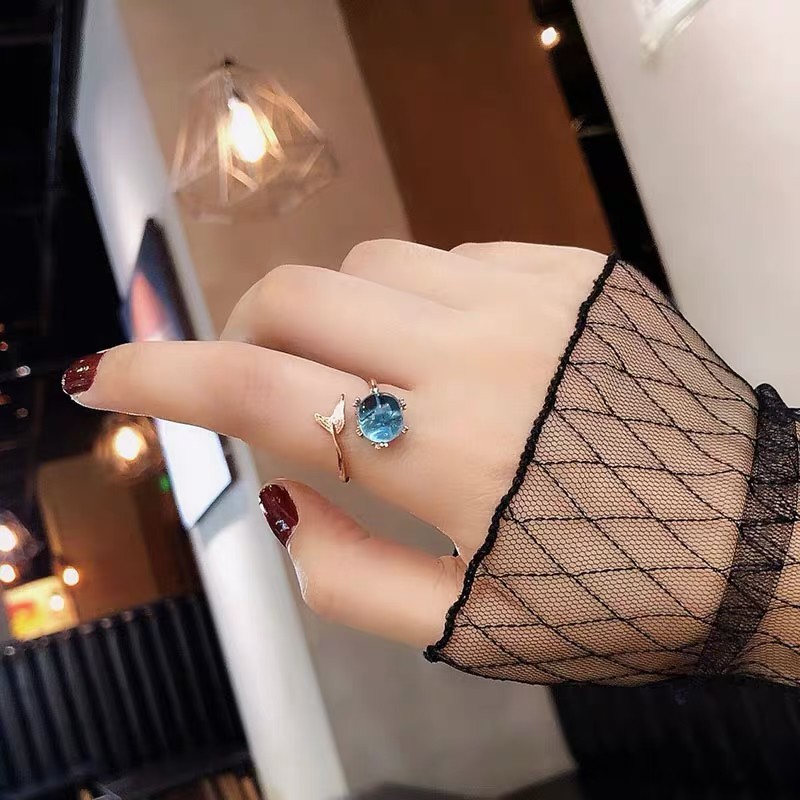 Nhẫn đeo ngón tay dạng mở đính pha lê màu xanh dương phong cách nàng tiên cá cho học sinh