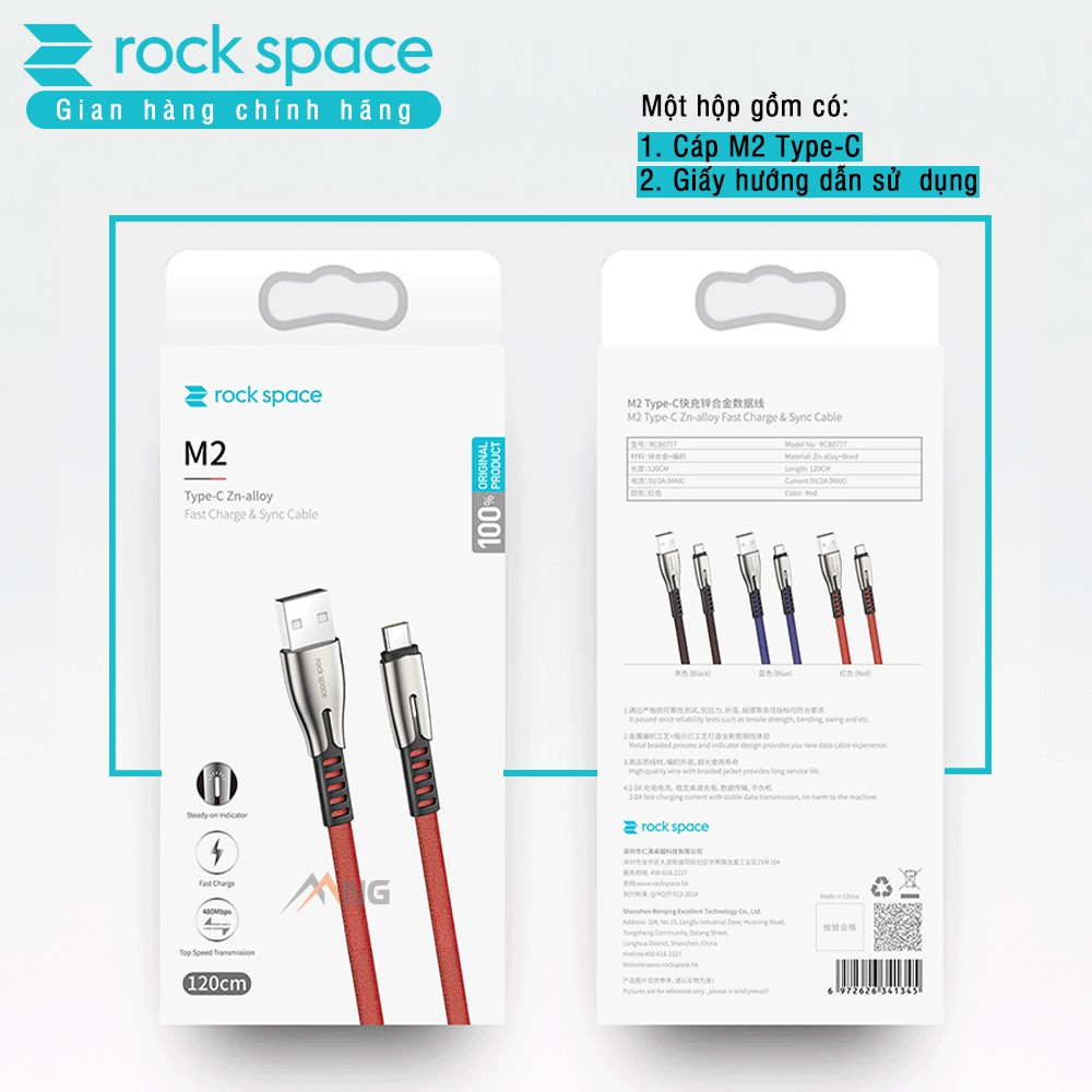 Cáp sạc nhanh Rockspace M2 cổng TypeC dành cho điện thoại android samsung, Oppo, dây dù, chính hãng bảo hành 12 tháng