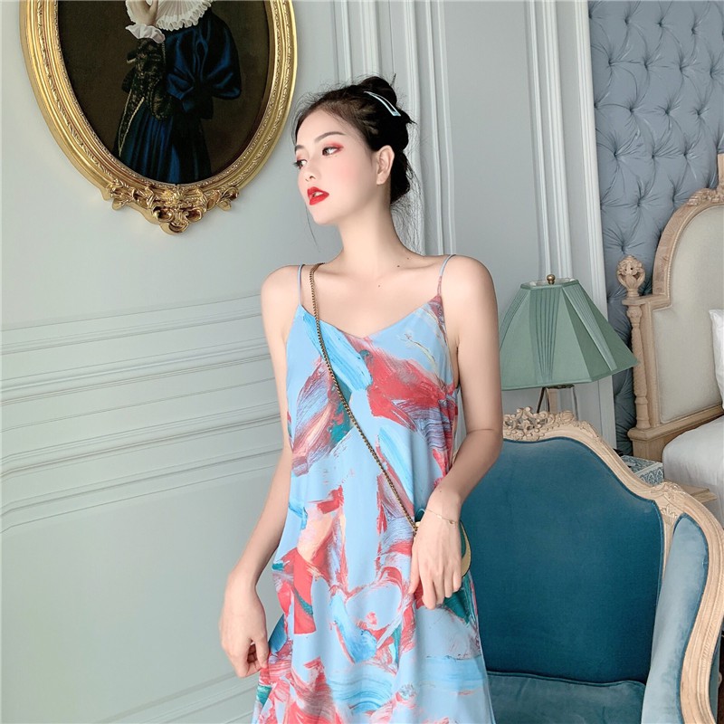 Sleeveless Dress for Women Sling Dress Women's Summer Korean Dress Midi Dresses for Women Dress Casual Dress Women Off Shoulder Dress for Women Irregular Midi Dresses Slim Waist Shift Dress V Neck Floral Dress