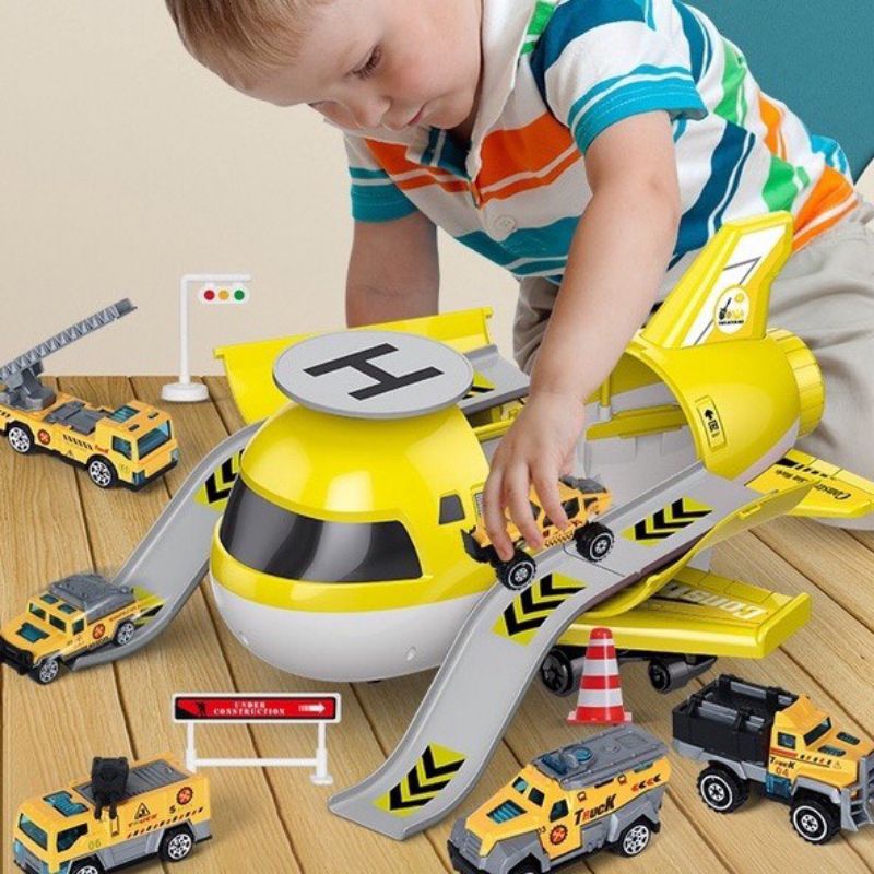 Đồ chơi máy bay cỡ to kiêm bãi đỗ xe gồm 4 xe kim loại và phụ kiện