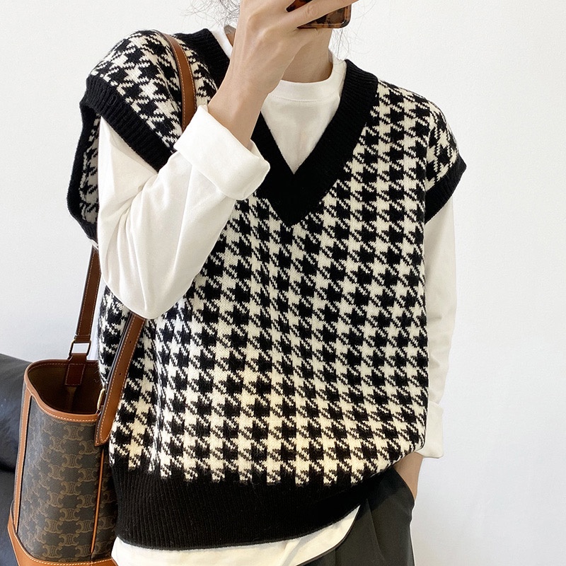 Áo Sweater Dệt Kim Cổ Chữ V Màu Sắc Tương Phản Phong Cách Retro Hợp Mùa Thu Đông