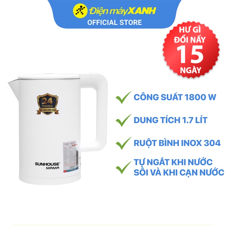 [Mã ELHADEV giảm 4% đơn 300K] Bình đun siêu tốc Sunhouse Mama 1.7 lít SHD1386 Trắng