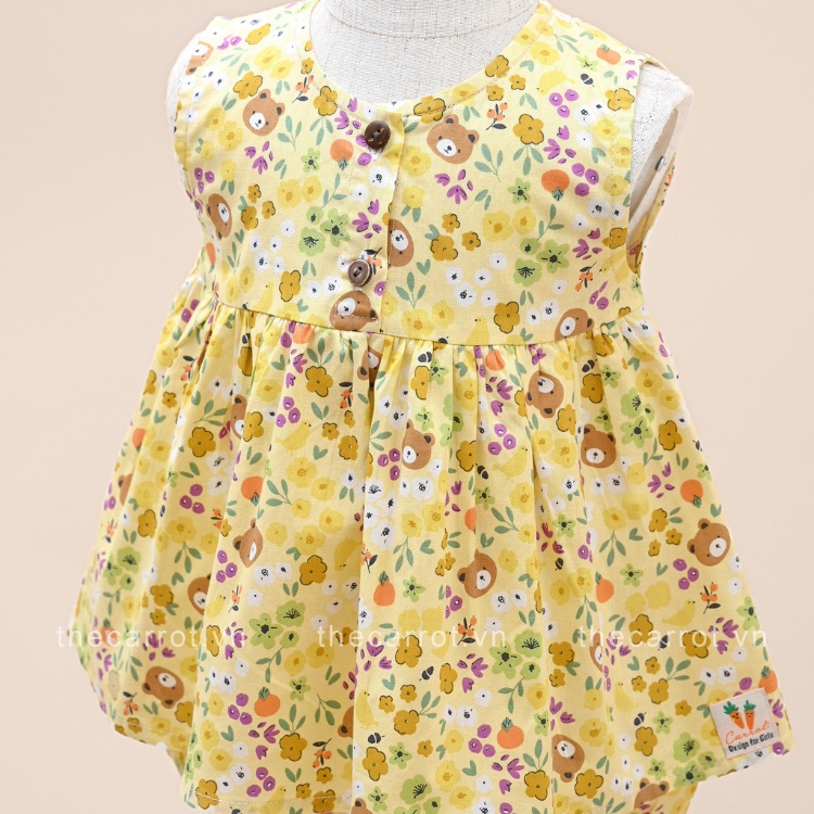 Bộ Đồ Carrot Cho Bé Gái, Họa Tiết Gấu Và Hoa, Không Tay Dáng Baby Doll, Chất Thô Cotton Thoáng Mát Thấm Hút Mồ Hôi Tốt