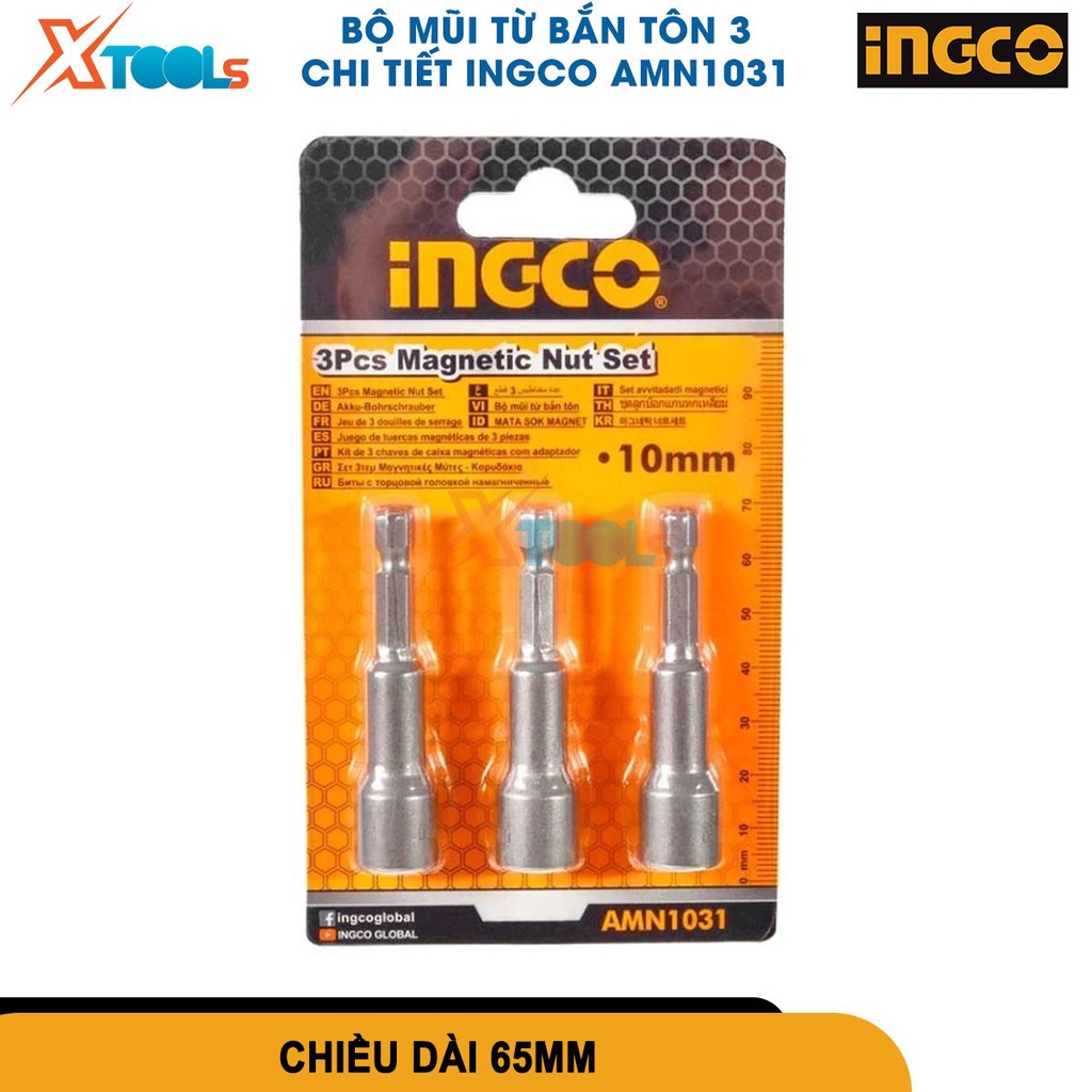 Bộ 3 mũi từ bắn tôn INGCO AMN1031 chiều dài 65mm, có nam châm hút, kích thước 1/4 inch [chính hãng][xtools]
