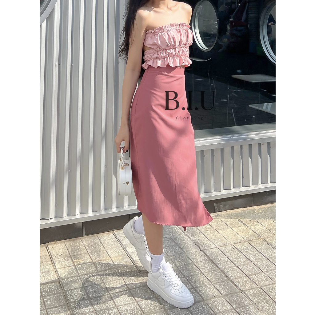 Set áo croptop hở lưng nhún chân váy dài xẻ hot trend màu hồng pinky BB0014 BIU Clothing