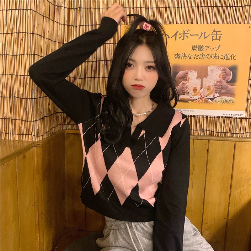 Áo thun COZOK polo tay dài họa tiết hình thoi nhiều màu sắc phong cách Hàn Quốc