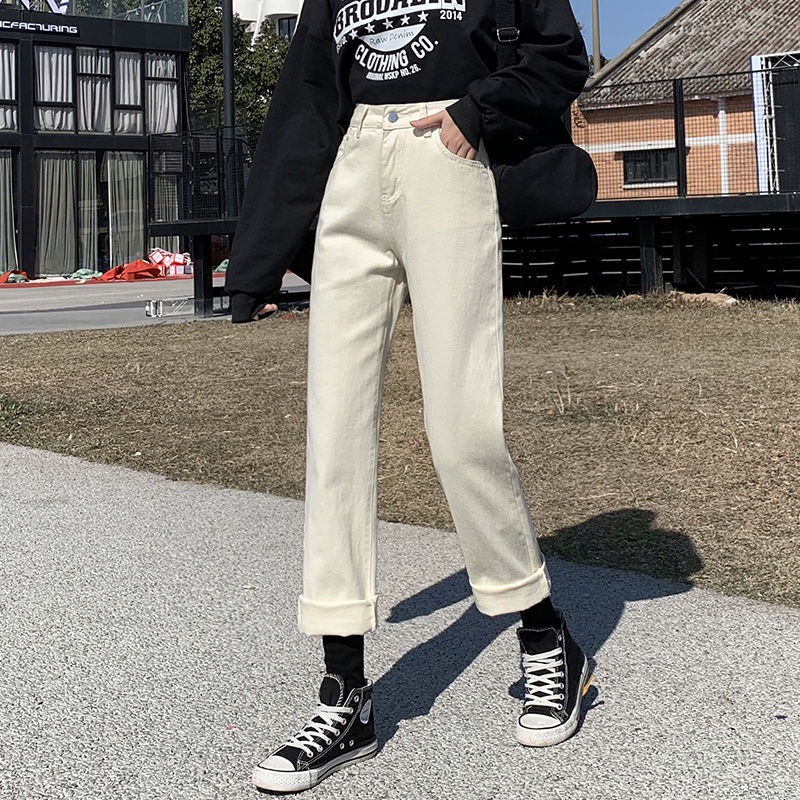 Quần jeans nữ ống rộng lưng cao phong cách Hàn Quốc