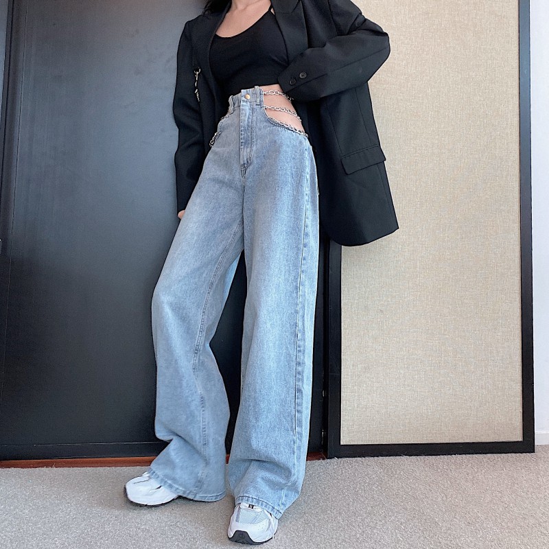 JANE'S Quần jean ống rộng dáng suông eo phối mắt xích thời thượng kiểu dáng mới  lạ ưa nhìn