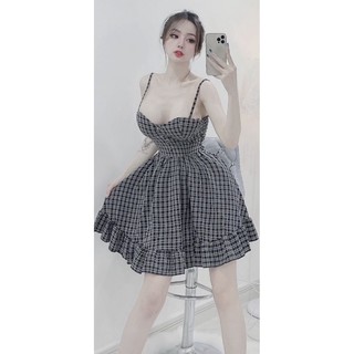 Đầm xoè cúp caro 2 dây