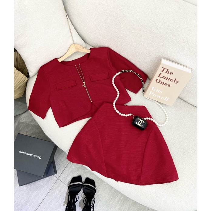 SET CROP DẠ ĐỎ DÂY KÉO + CHÂN VÁY