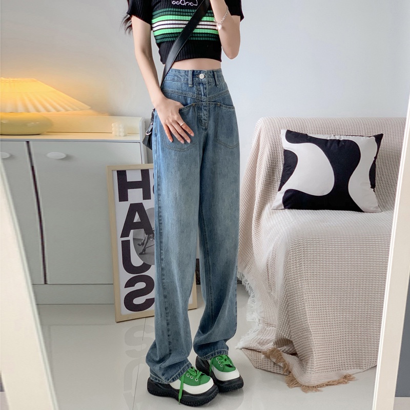 Quần Jeans Nữ Lưng Cao Ống Rộng Phong Cách Retro Thời Trang