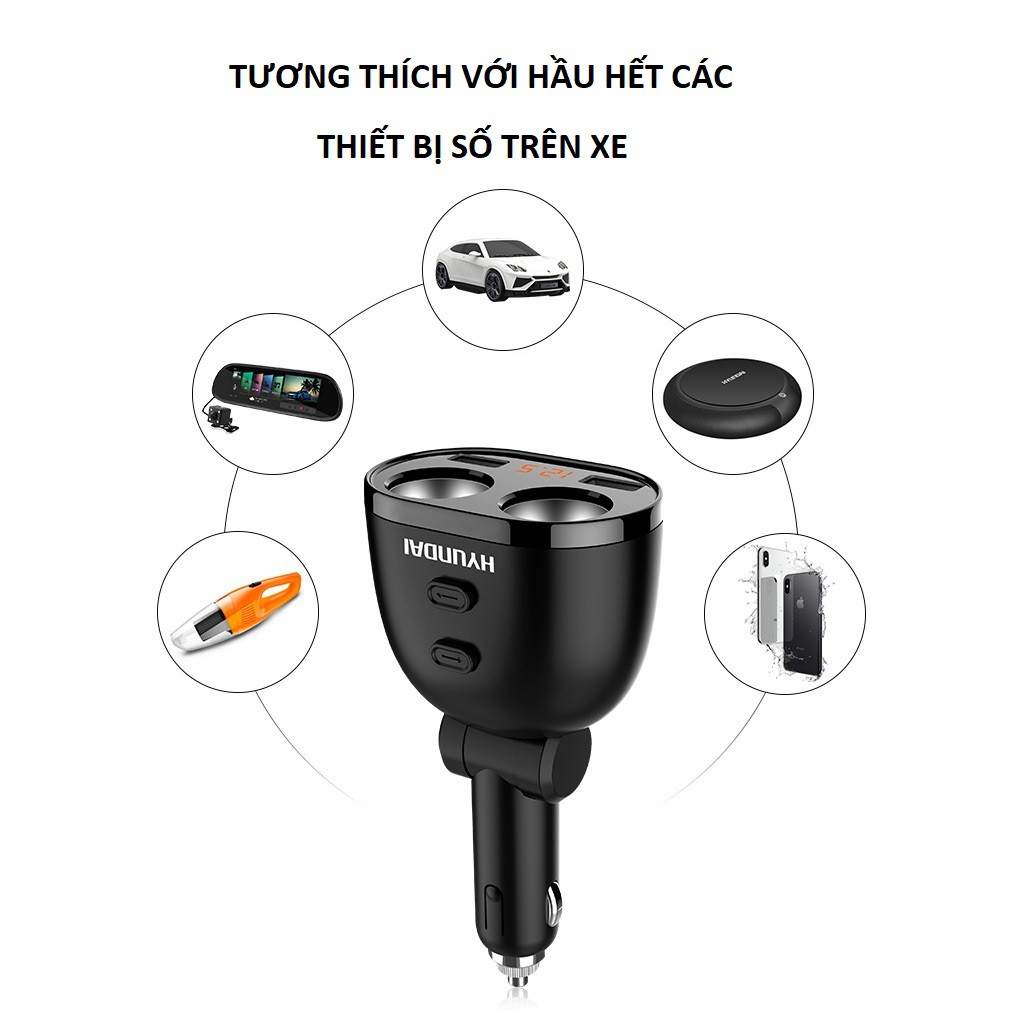 Tẩu sạc ô tô hiệu huyndai HY16 phiên bản sạc nhanh màn hình hiển thị điện áp với 2 dock sạc, 2 cổng USB sạc nhanh QC3.0