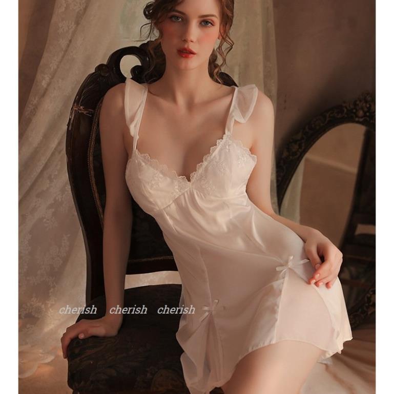 (M. 124) Váy ngủ sexy lụa có đệm ngực cao cấp Đầm mặc nhà dây cánh tiên gợi cảm quyến rũ