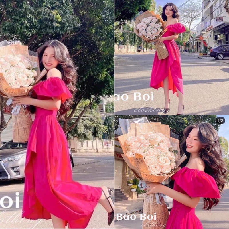 Đầm Đi Dự Tiệc Tiểu Thư Trễ Vai Cúp Ngực Siêu Xinh, Đầm dáng Dài Xẻ Tà