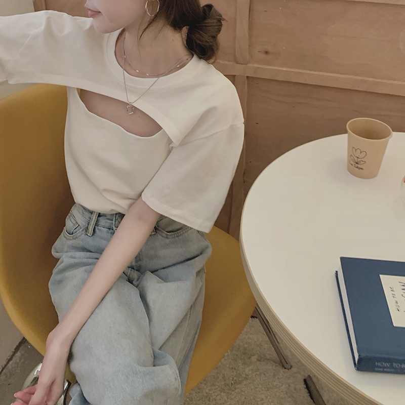 QADCOL Áo Thun Tay Ngắn Thiết Kế Lỗ Rỗng Cao Cấp Thời Trang