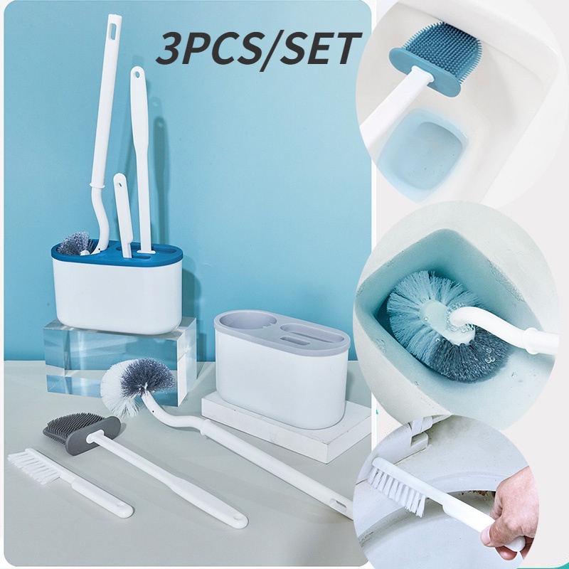 🎁🎈Trong kho🎈Bàn Chải Vệ Sinh Toilet Cán Tường Bằng Silicone Tiện Lợi Dài 360 Độ° Set 3 Bàn Chải Silicone Dùng Vệ Sinh Nhà Tắm Tiện Dụng Silicon Cán Dài