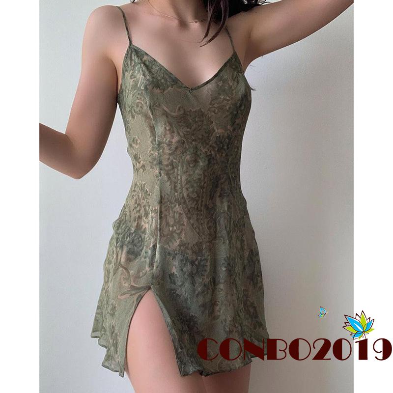 Đầm không tay Cổ Chữ V Xẻ Tà In Họa Tiết Cây Lá Trừu Tượng Thời Trang