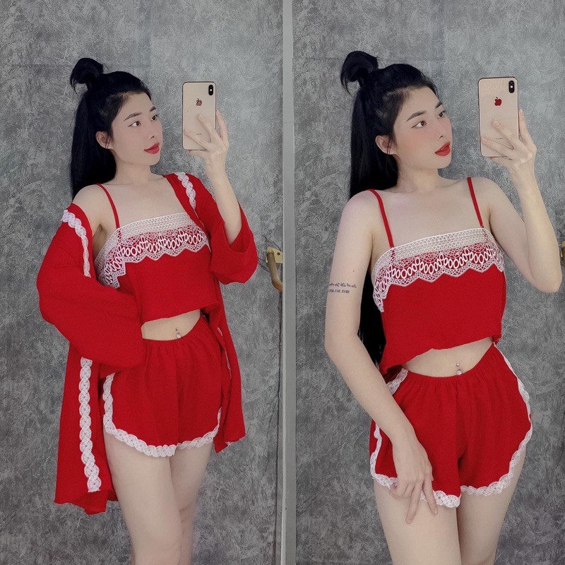 Bộ ngủ sexy combo ba món ,áo choàng ,áo ,quần sexy có phối gen sang chảnh chất lụa tơ tầm fom dưới 58 kg siêu sexy